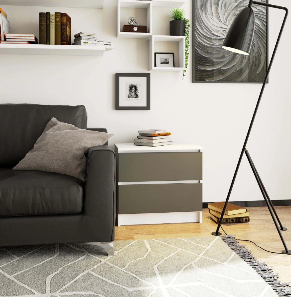 Comodino AKORD K60 Bianca 60 cm 2 cassetti inserto frontale Grigio Grafite 60x40x55 cm