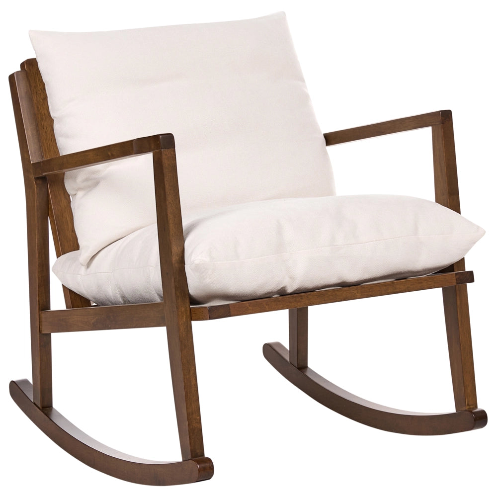 Poltrona a dondolo con rivestimento in poliestere struttura in legno di gomma marrone stile scandinavo tessuto beige chiaro