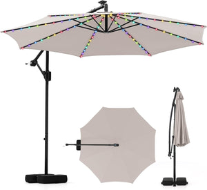 Ombrellone da Giardino 290 cm, con 96 Luci LED, Ombrellone Esterno con Base, Inclinazione Regolabile, Rotazione a 360°, Manovella, Parasole da Giardino (Beige)
