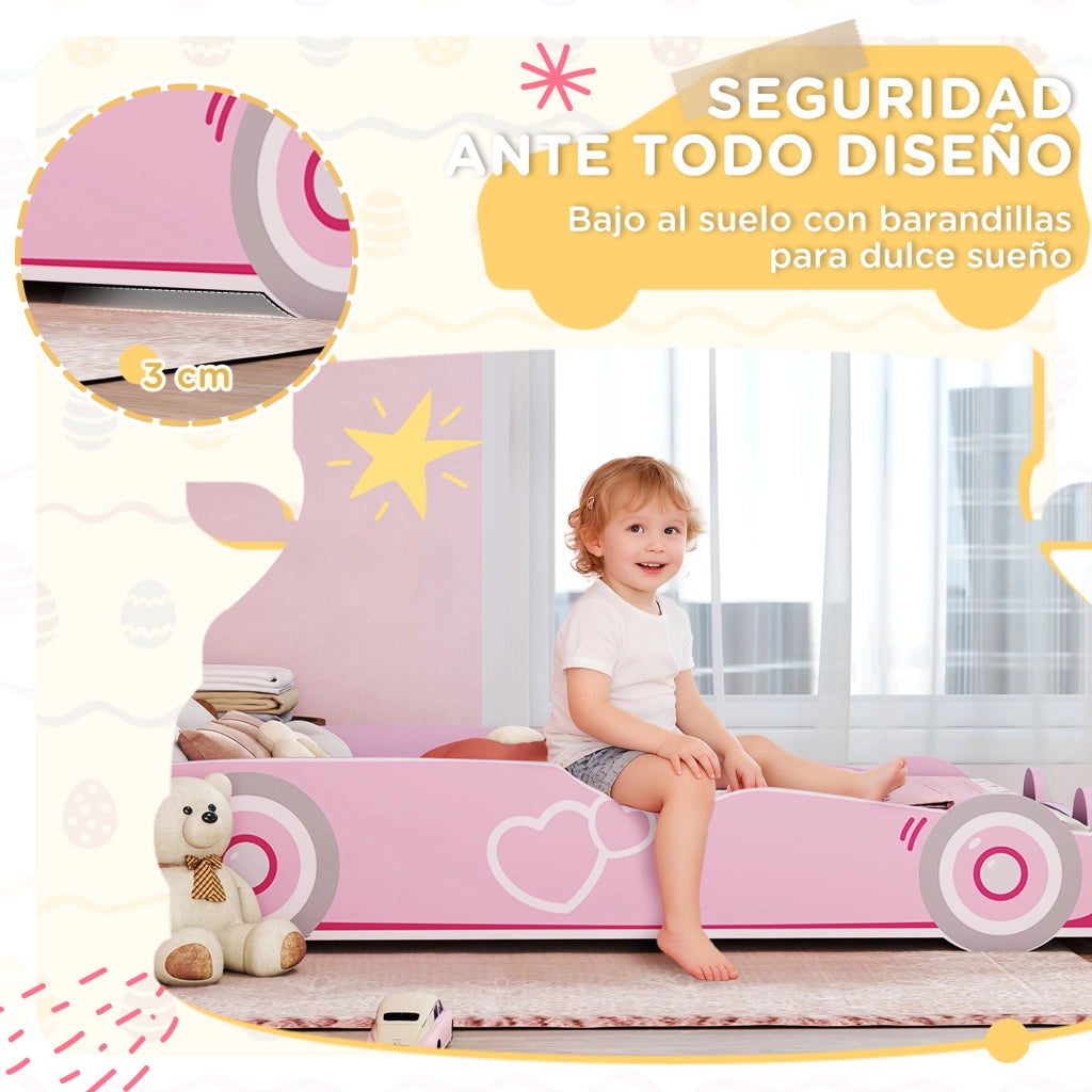 Letto Singolo Infantile con Testiera a Forma di Auto e Barriera Anticaduta ¨C Zephmum ¨C Rosa 70x140 cm