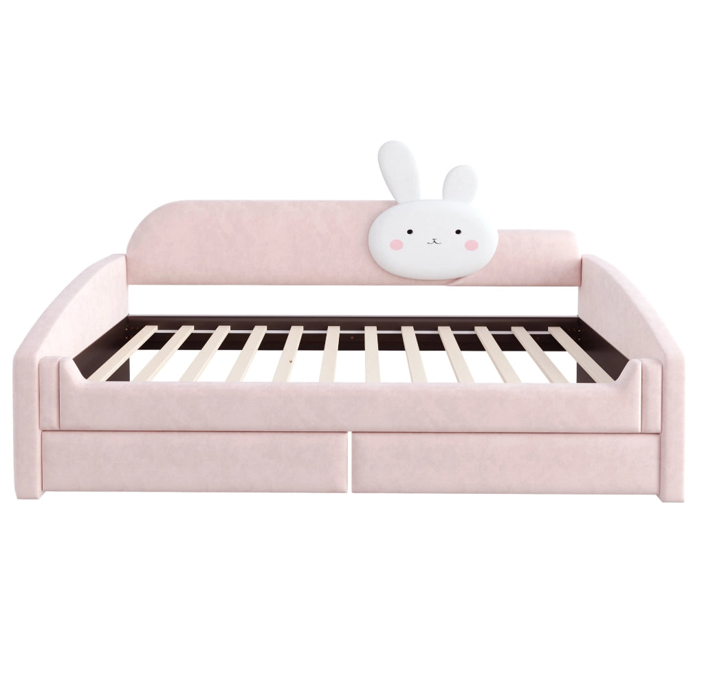 Letto imbottito 90x200 cm con LED e cassetti in velluto rosa