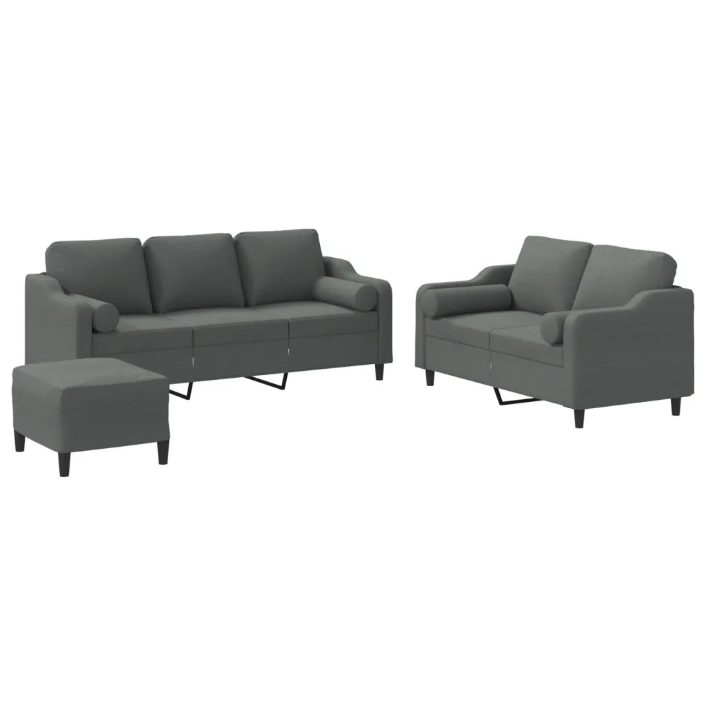 Set di Divani 3 pz con Cuscini Grigio Scuro in Tessuto