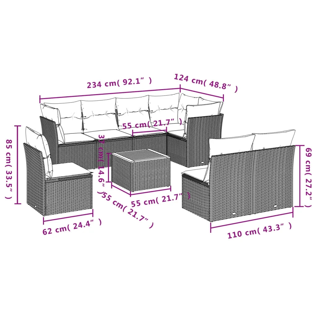 Set Divani da Giardino 9 pz con Cuscini Nero in Polyrattan