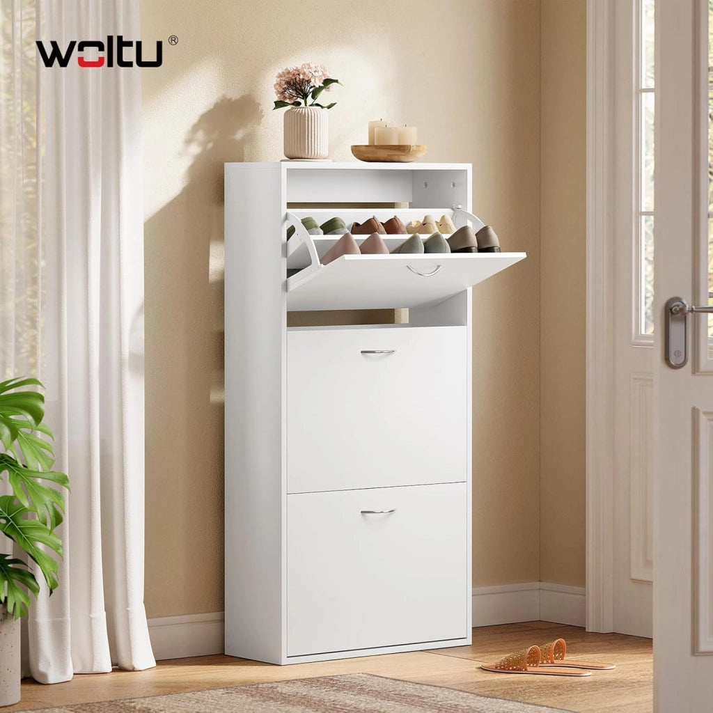 Scarpiera con 3 Cassetti a Ribalta, Portascarpe Stretto con Ripiani Regolabili, Capienza 14-18 Paia, 58x23x118 cm, Bianco, per Corridoio e Soggiorno