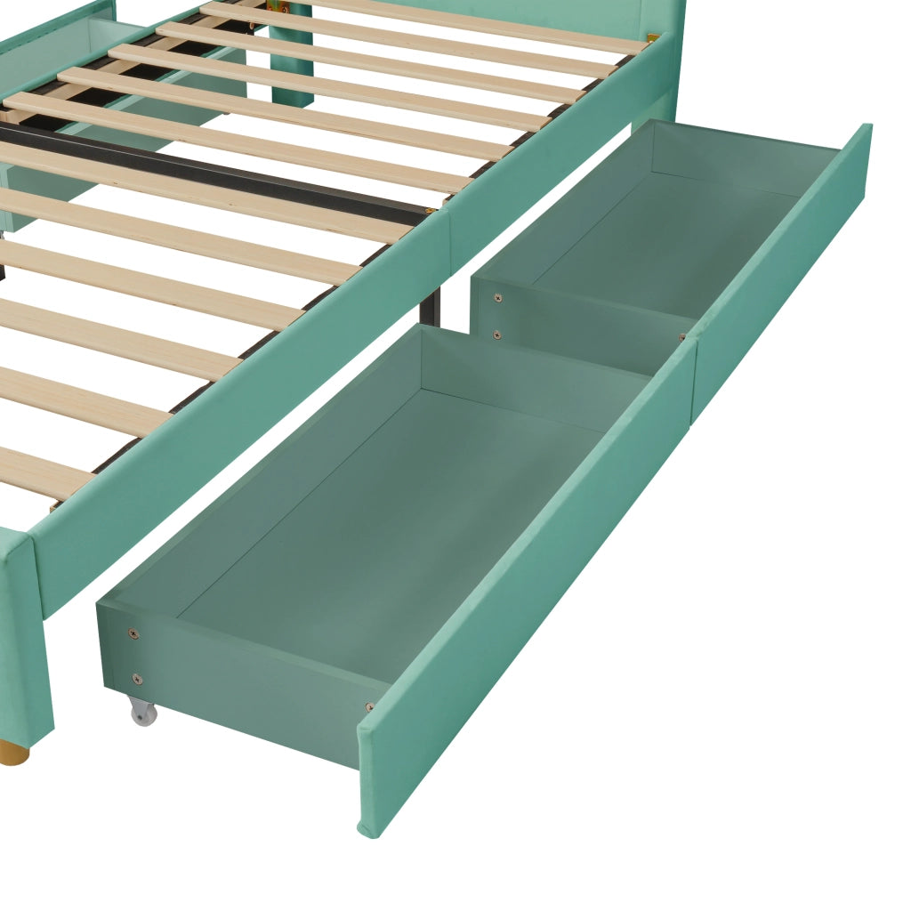Letto imbottito per bambini a casetta 90x200 cm con 4 cassetti in velluto blu verde
