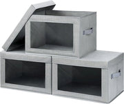 Set di 3 scatole di conservazione con coperchio - Scatola di conservazione pieghevole con vetrina - Cassetto di conservazione in tessuto con maniglie - Organizzatore di armadio per abbigliamento, giocattoli, libri (grigio)