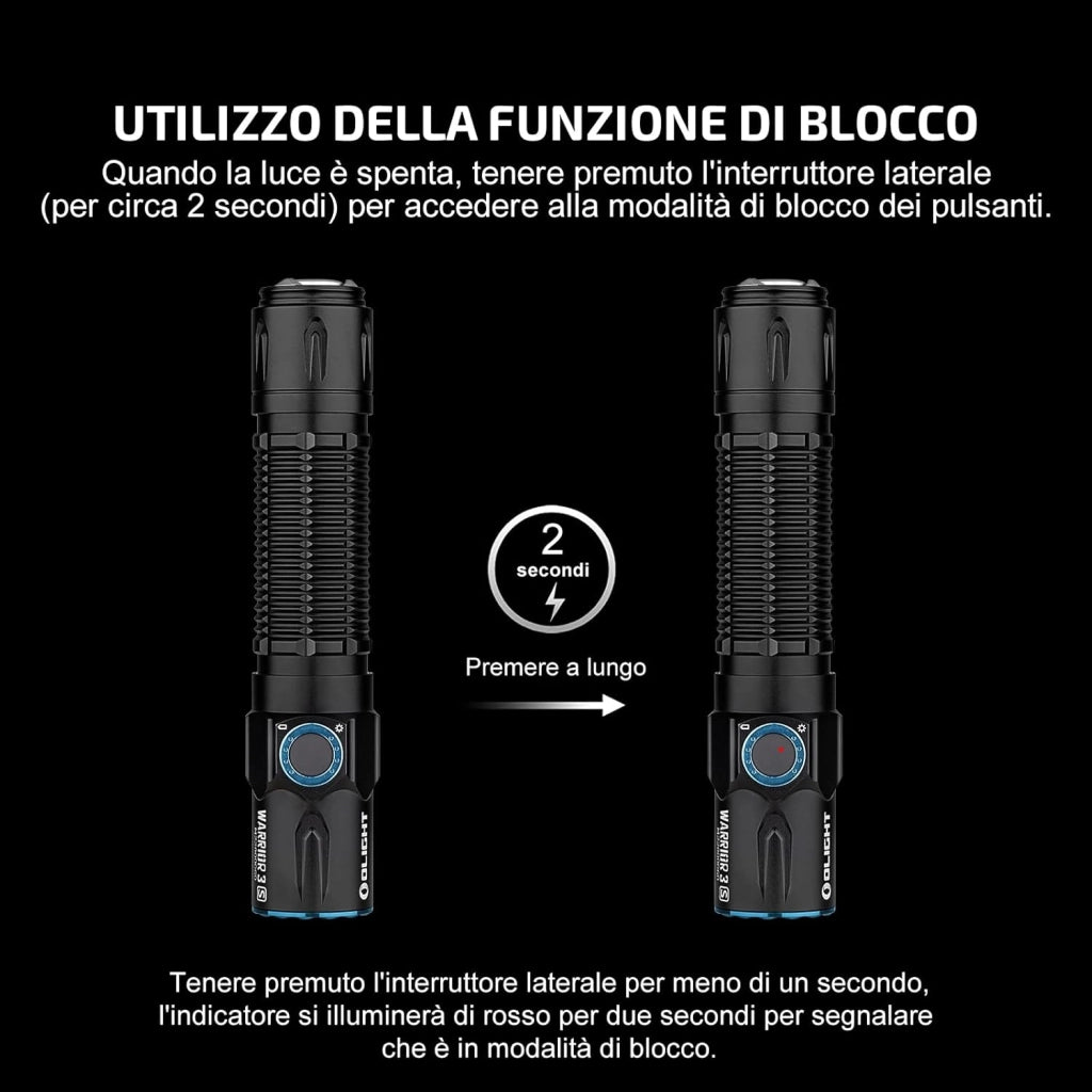 Warrior 3S Potente Torcia Max 2,300 Lumen, 300 Metri, 6 Uscite, 130 ore di Funzionamento Torcia con Doppio Interruttore a Led per Esterni, Forze Dell'ordine (Nero)