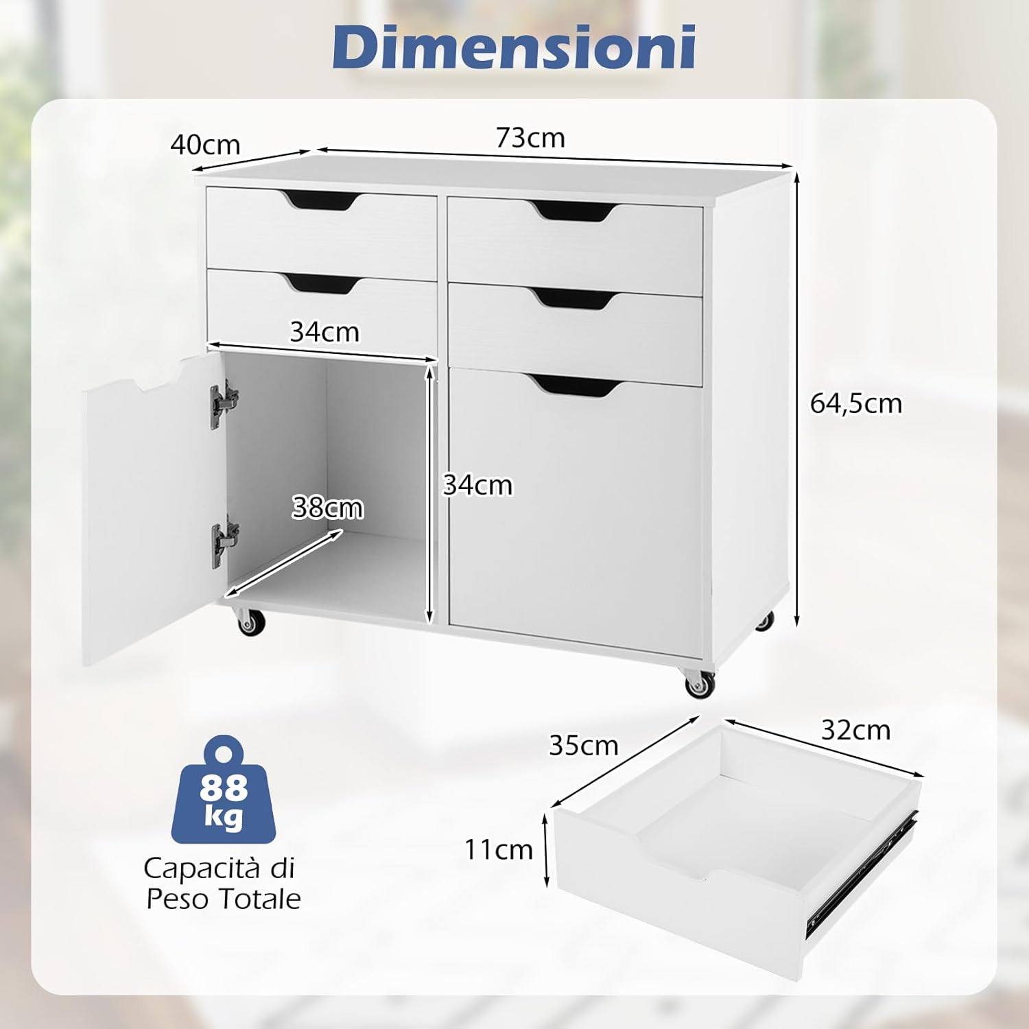 Cassettiera da Ufficio con 4 Cassetti e 2 Ante, Armadietto da Studio in Legno con 5 Ruote Universali, Mobile Porta Stampante Salvaspazio, per Soggiorno, 73 x 40 x 64,5 cm, Bianco