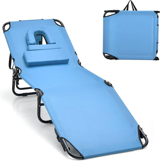 Sedia Sdraio Pieghevole, Sedia Sdraio da Esterno con Foro per il Viso e Cuscini, Lettino Mare Pieghevole Portatile per Spiaggia,64x29x193,5 cm, 3 Colori (Blu)