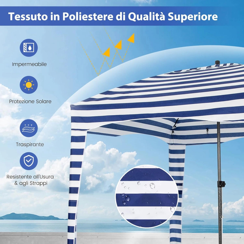 Tenda da Spiaggia Pieghevole 183 x 183 cm, Tenda da Mare con Borsa di Trasporto, Parete Removibile e 8 Tasche per Sabbia, per Spiaggia, Campeggio e Picnic (Blu e Bianco, 183 x 183 cm)