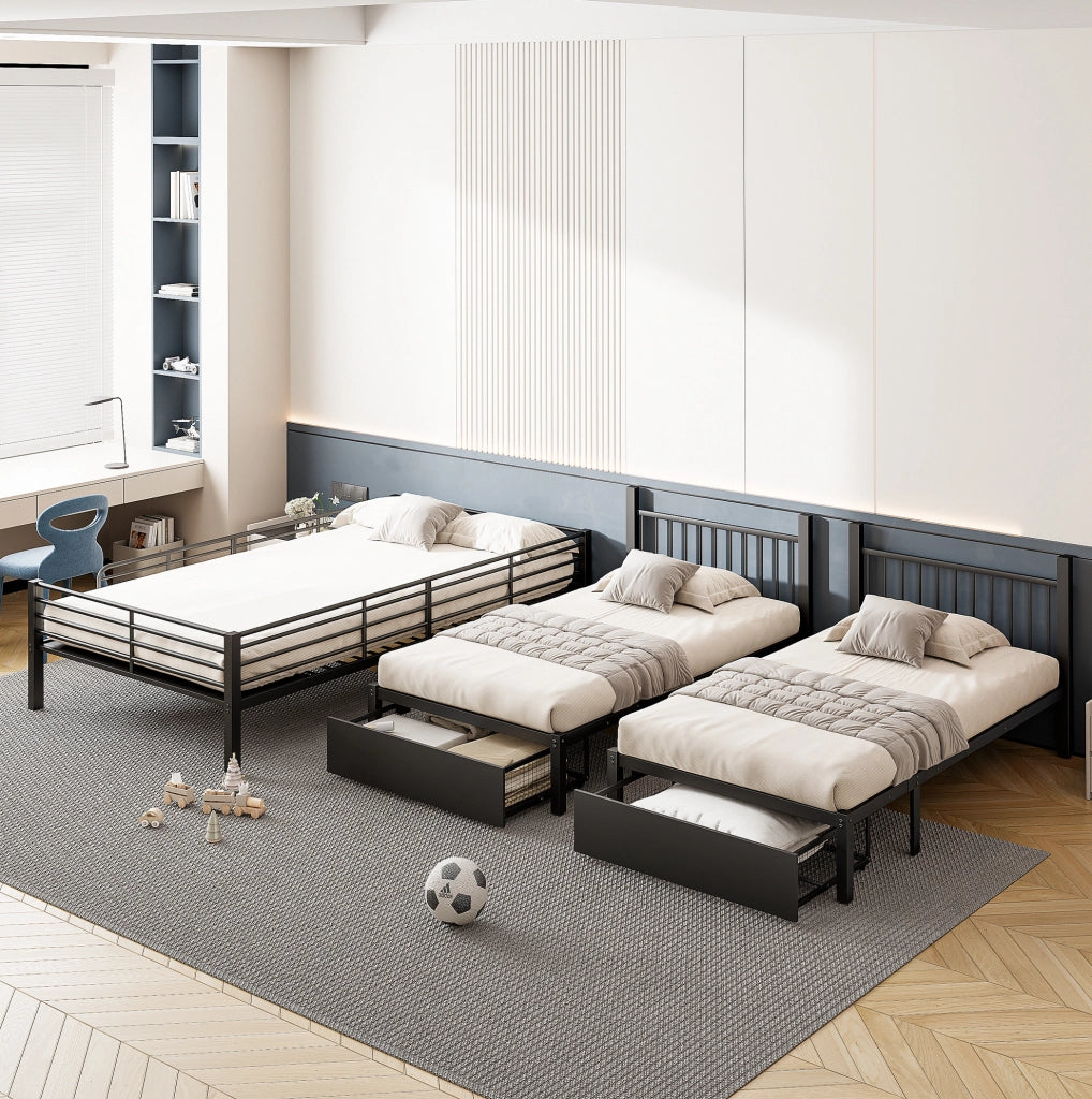 Letto a castello triplo in metallo 140x200 e 2x90x200 nero con 2 cassetti