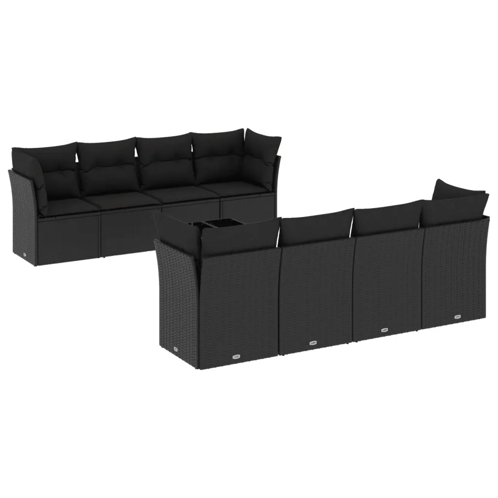 Set Divani da Giardino 9 pz con Cuscini Nero in Polyrattan