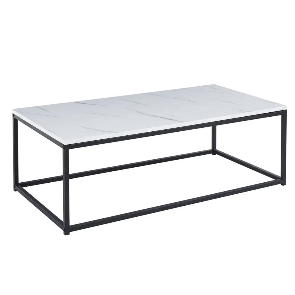 Tavolino basso EWING – Effetto marmo bianco e metallo nero – Design rettangolare