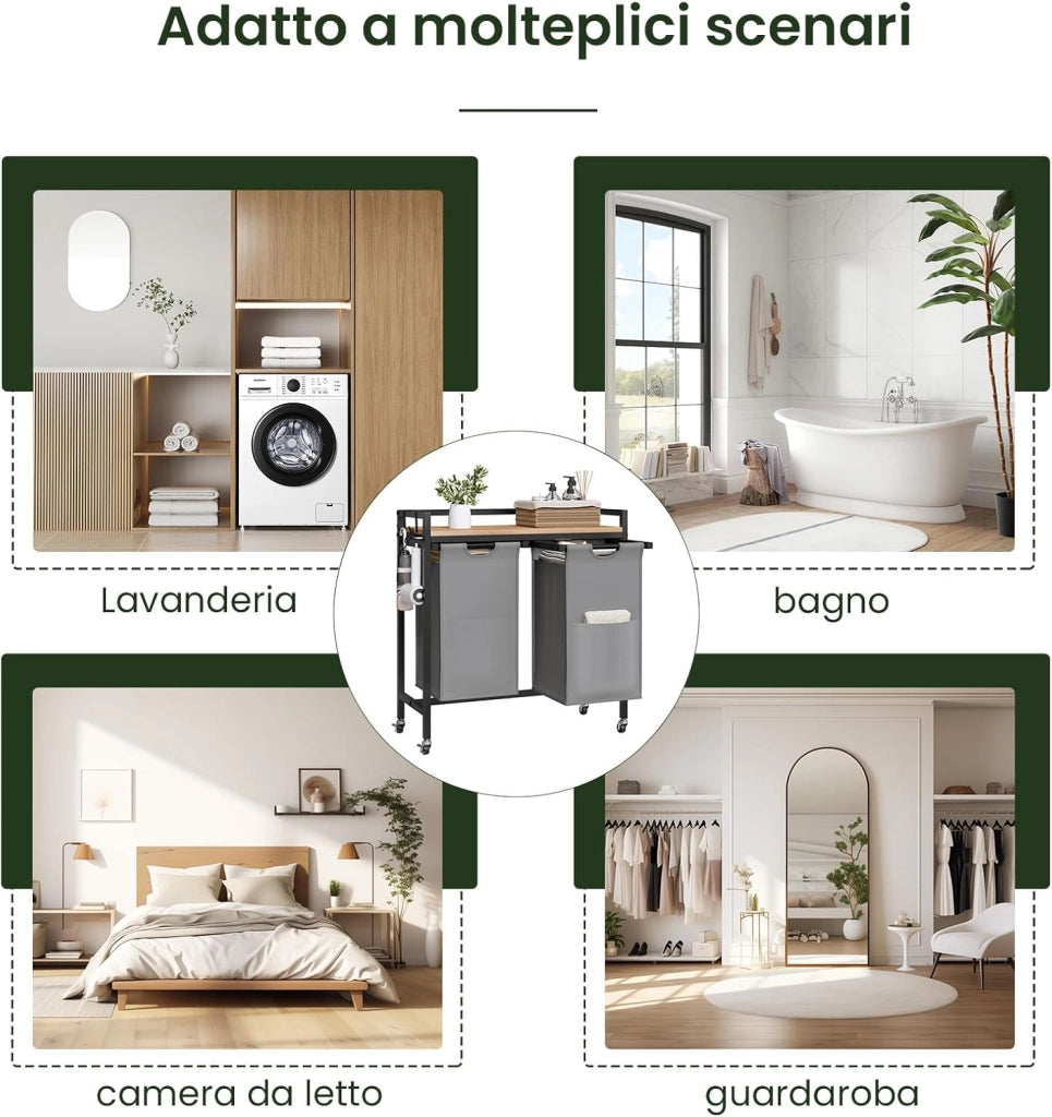 Cesto Portabiancheria, 2 Sacchi in Tessuto Oxford Rimovibili, Porta Biancheria, Struttura in Metallo, per Bagno e Lavanderia, 70x30x71cm, Capacità 40L per Cesto
