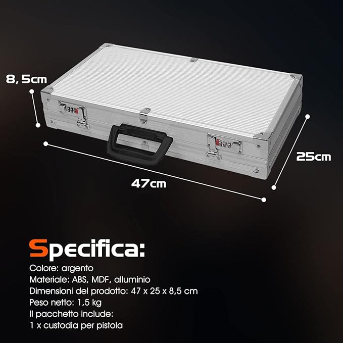Custodia Dura in Alluminio per Armi, Valigetta per Pistole, Fucili con Serratura, 47 x 25 x 8,3 cm