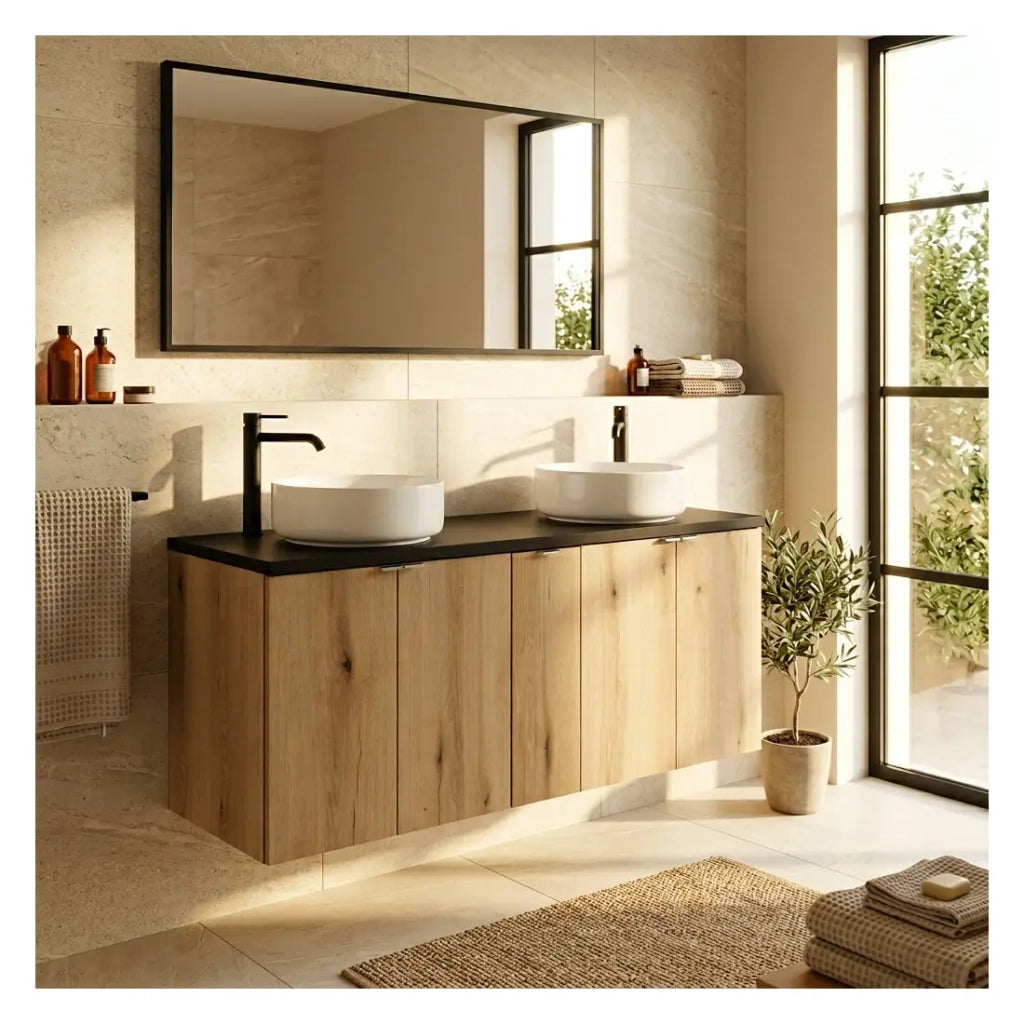 Set da bagno sospeso VANO in rovere e nero 140cm: mobiletti sotto lavabo con armadietti + piano per lavabo