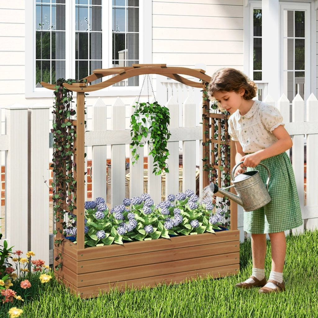 Letto da giardino rialzato in legno con tetto sospeso e 2 tralicci laterali, Contenitore elevato per giardino e patio-Fioriere