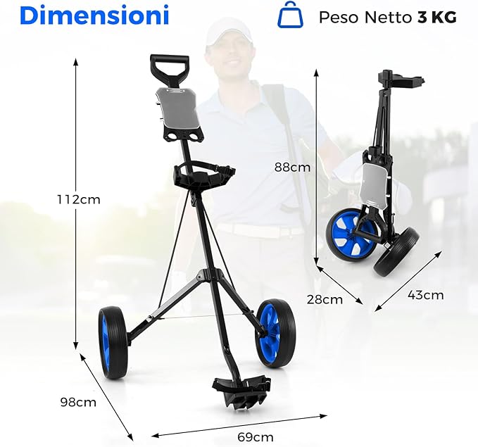 Carrello da Golf Pieghevole con 2 Ruote, Carrello da Golf in Ferro con Tabellone Segnapunti, 140 x 63,5 x 113 cm, Nero(Blu)