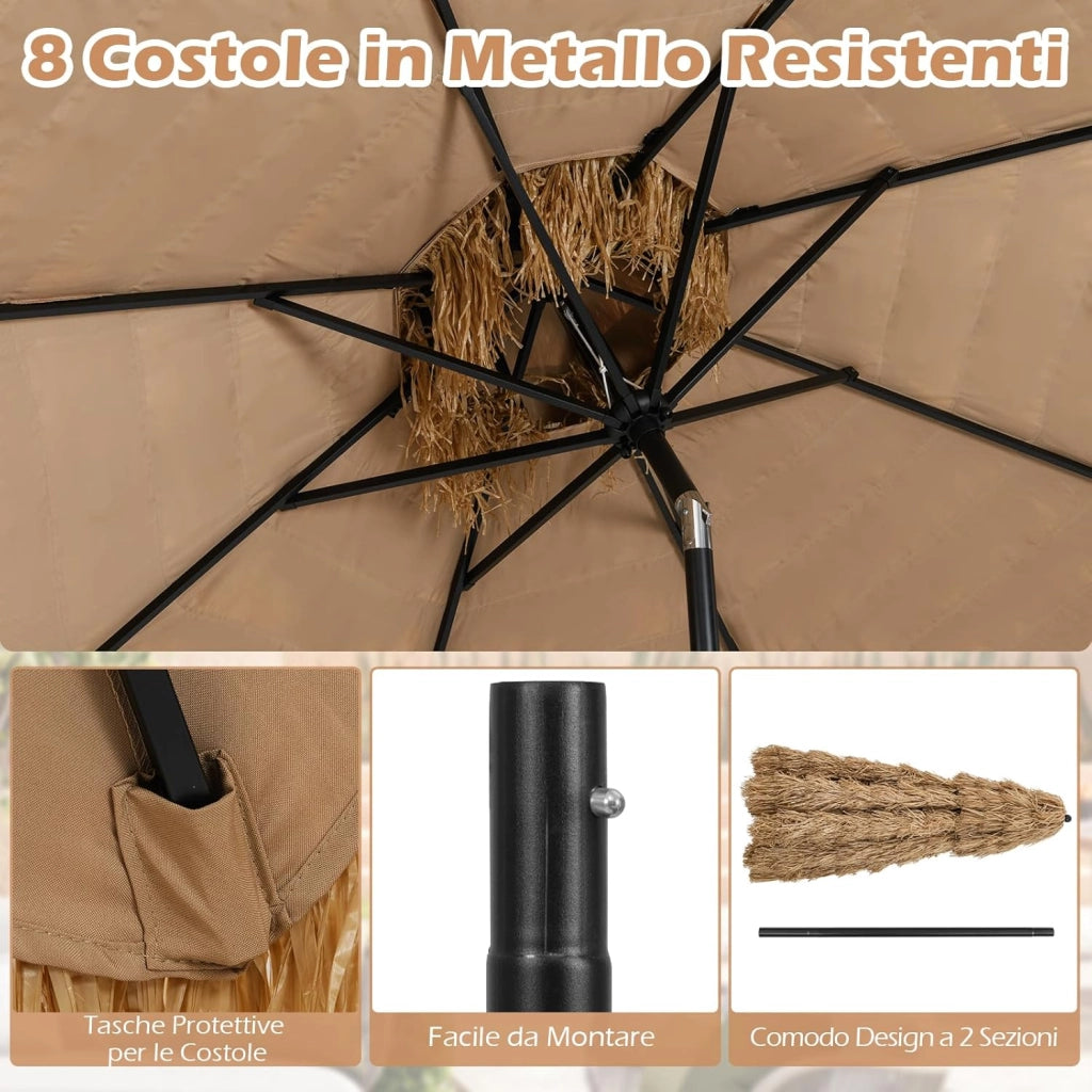 Ombrellone da Spiaggia 300 cm, Ombrellone Hawaiano in Paglia PE con 8 Stecche, Manovella Manuale, Inclinazione Regolabile, per Spiaggia, Patio (300 cm/0 Luci)