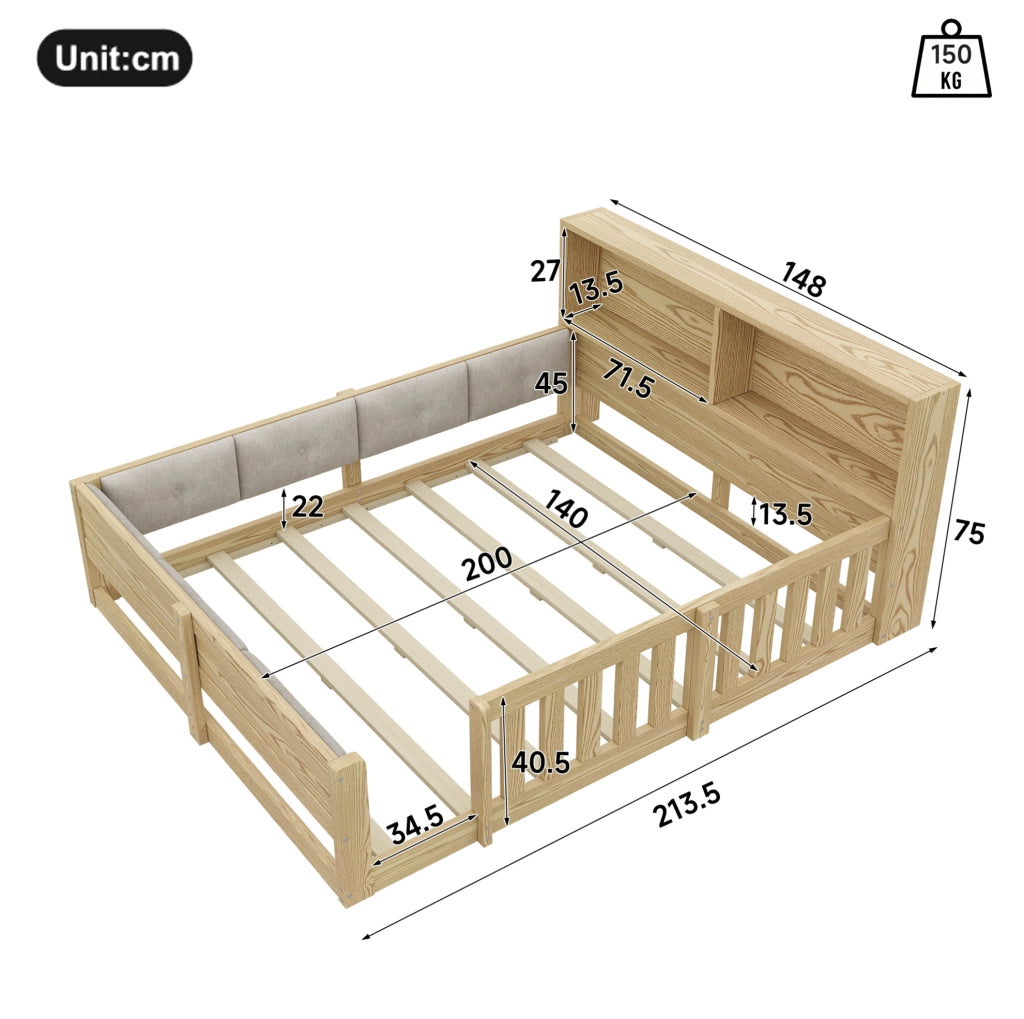 Letto per bambini 140x200 cm con sponde; testiera con contenitore e LED; naturale