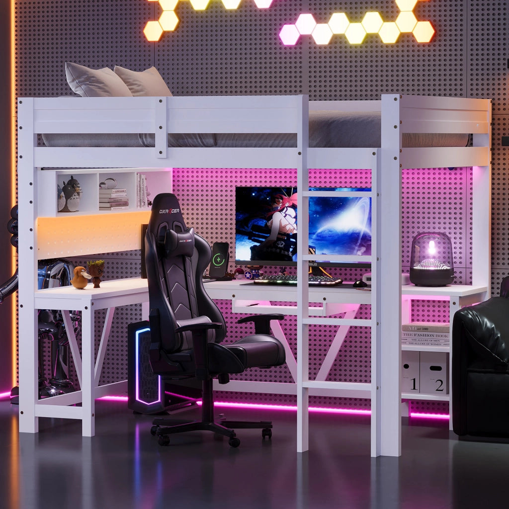 Letto a soppalco singolo 90 × 200 cm con scrivania, ripiani, LED a 7 colori, prese USB e senza materasso