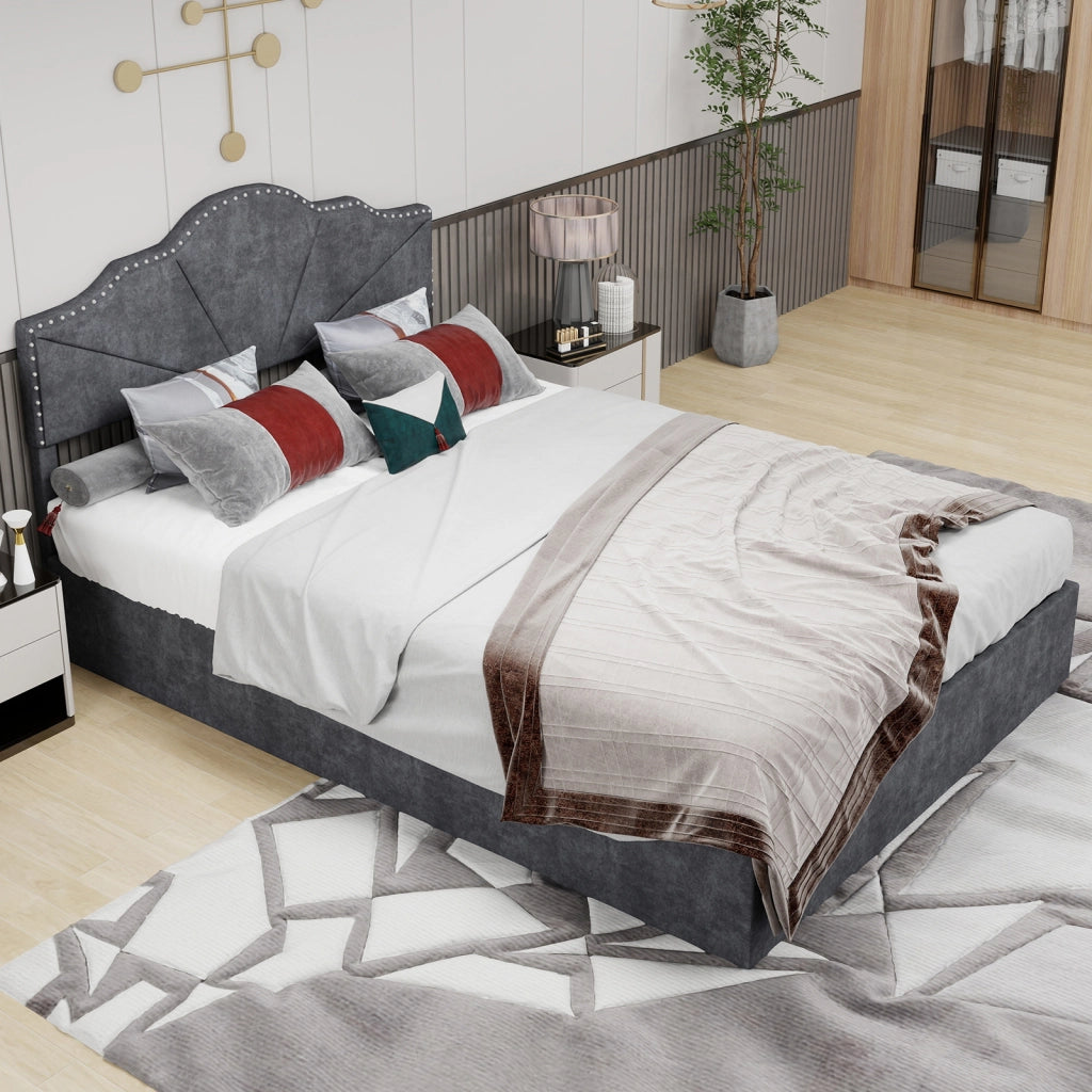 Letto Matrimoniale 140x200 cm; Testiera Geometrica in Tessuto e Metallo; Grigio