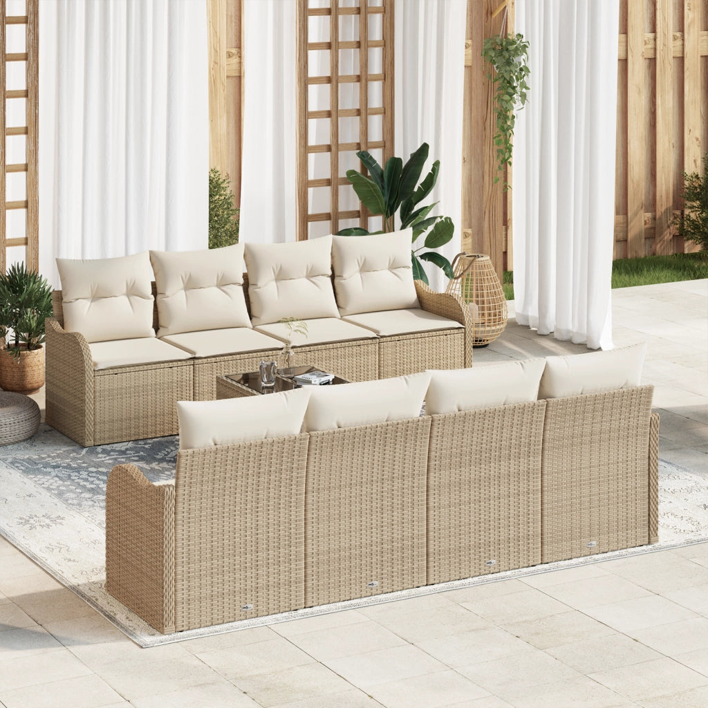 Set Divano da Giardino 9 Pezzi con Cuscini Beige Polirattan