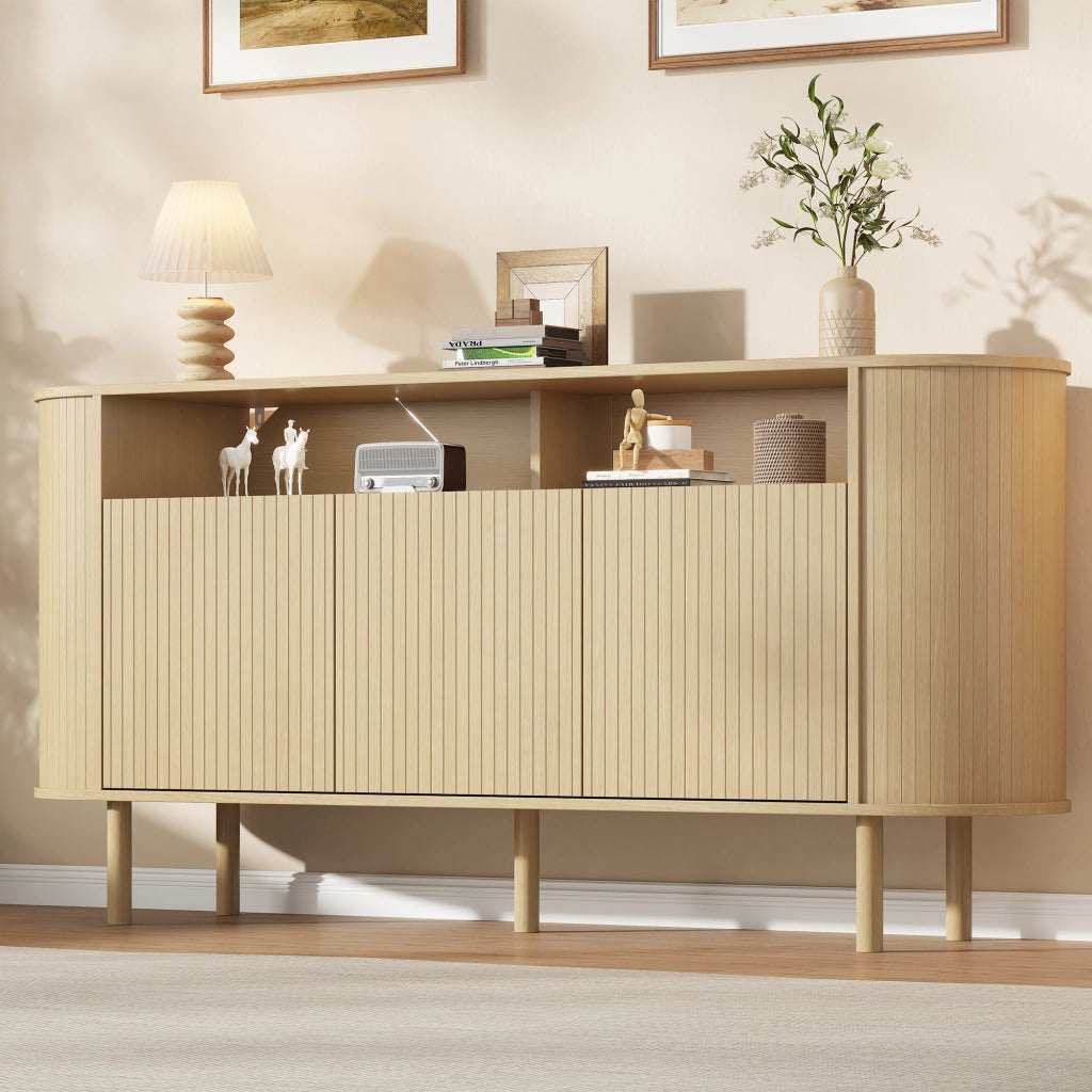 Credenza e madia con 3 ante a onde e vani aperti, per soggiorno, in truciolare, naturale, 160 × 40 × 78,5 cm