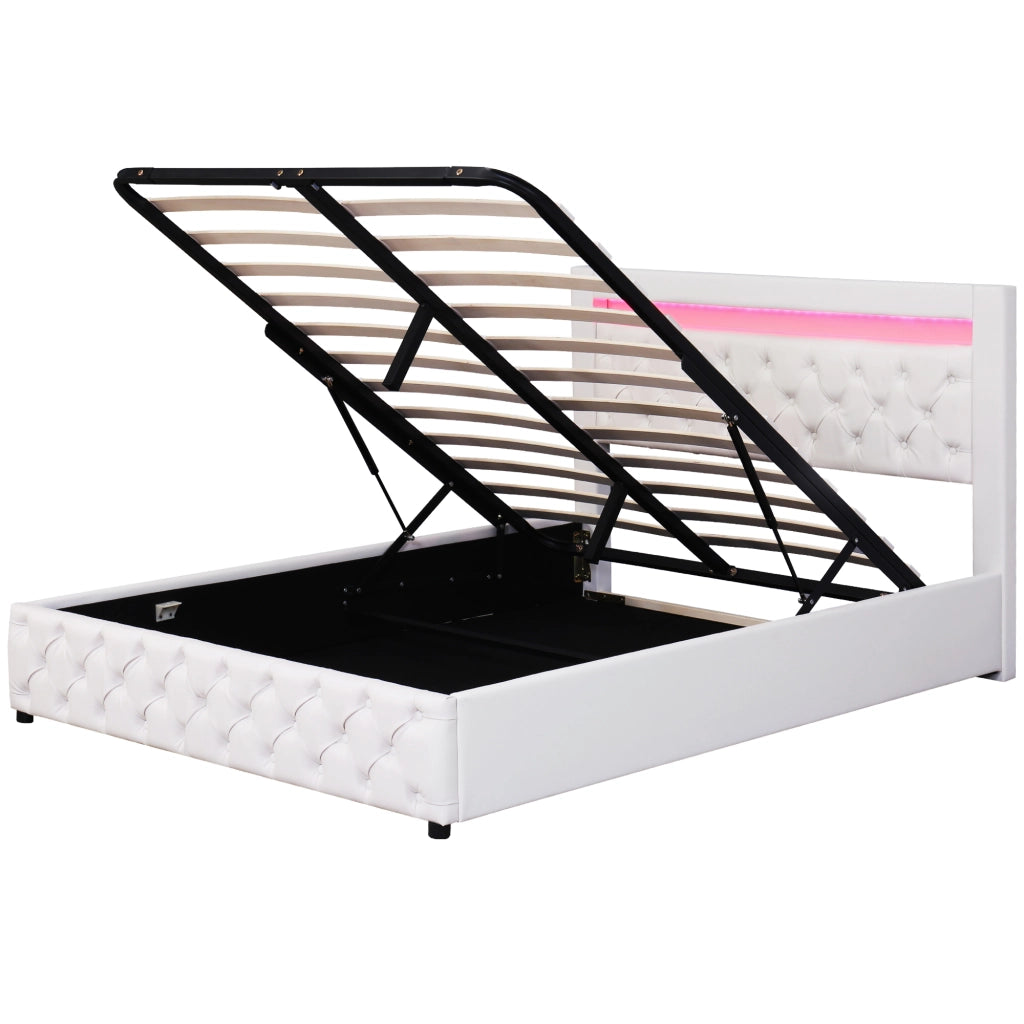 Letto imbottito 160 x 200 cm con rete a doghe, contenitore e LED, bianco, PU