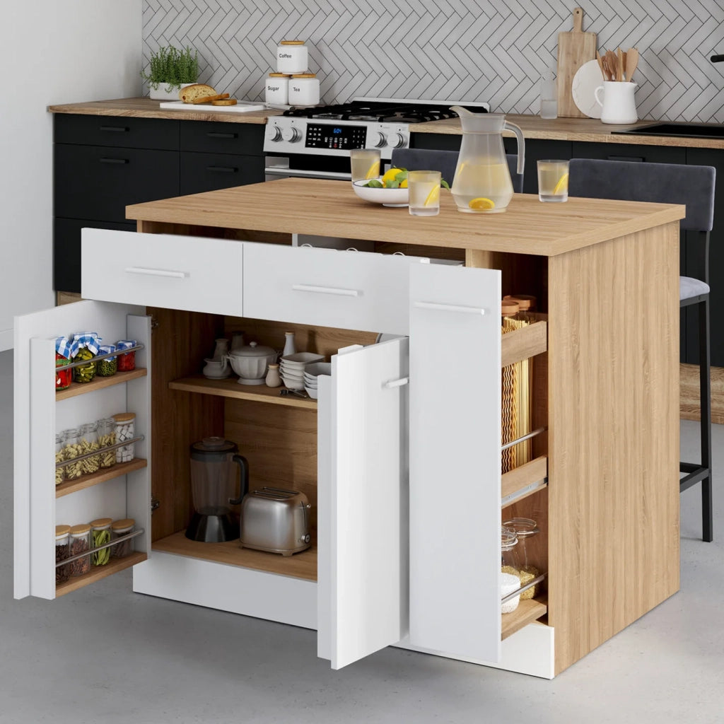 IDMarket - Isola centrale ALTO con ante, contenitori, cassetti, cassettoni e piano di lavoro in faggio e bianco
