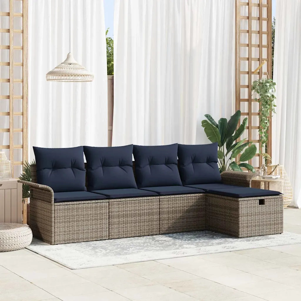Set Divano da Giardino 5 pz | Set Salotto da Giardino Grigio e Blu Navy polyrattan