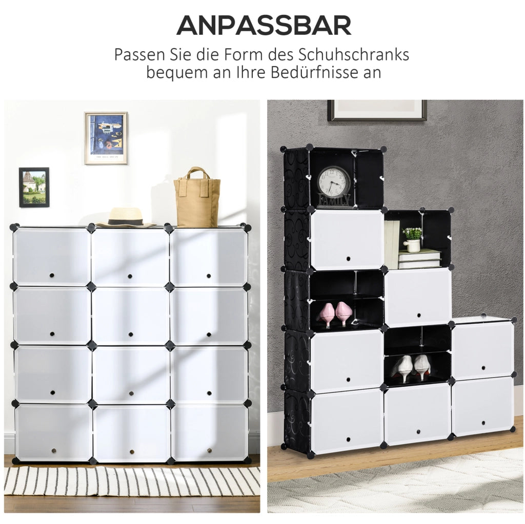 Scarpiera modulare ULEVR 125x32x125 cm con 12 cubi e ante rimovibili, plastica nera e bianca