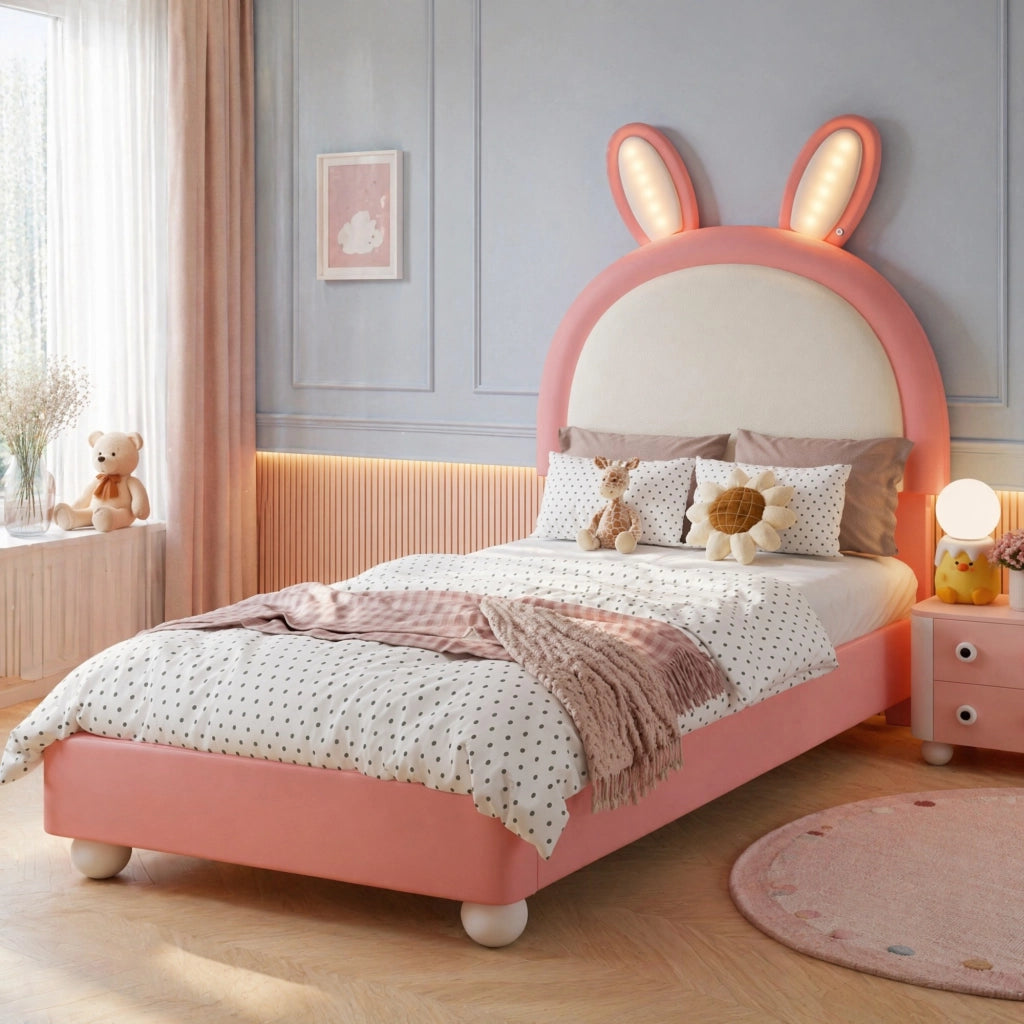 Letto per Bambini 90x200 cm; Testiera a Coniglio con LED e Bordo Paracolpi - Rosa