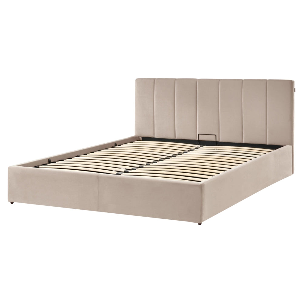 Letto matrimoniale contenitore Rivestimento in velluto beige 160 x 200 cm con testiera a doghe
