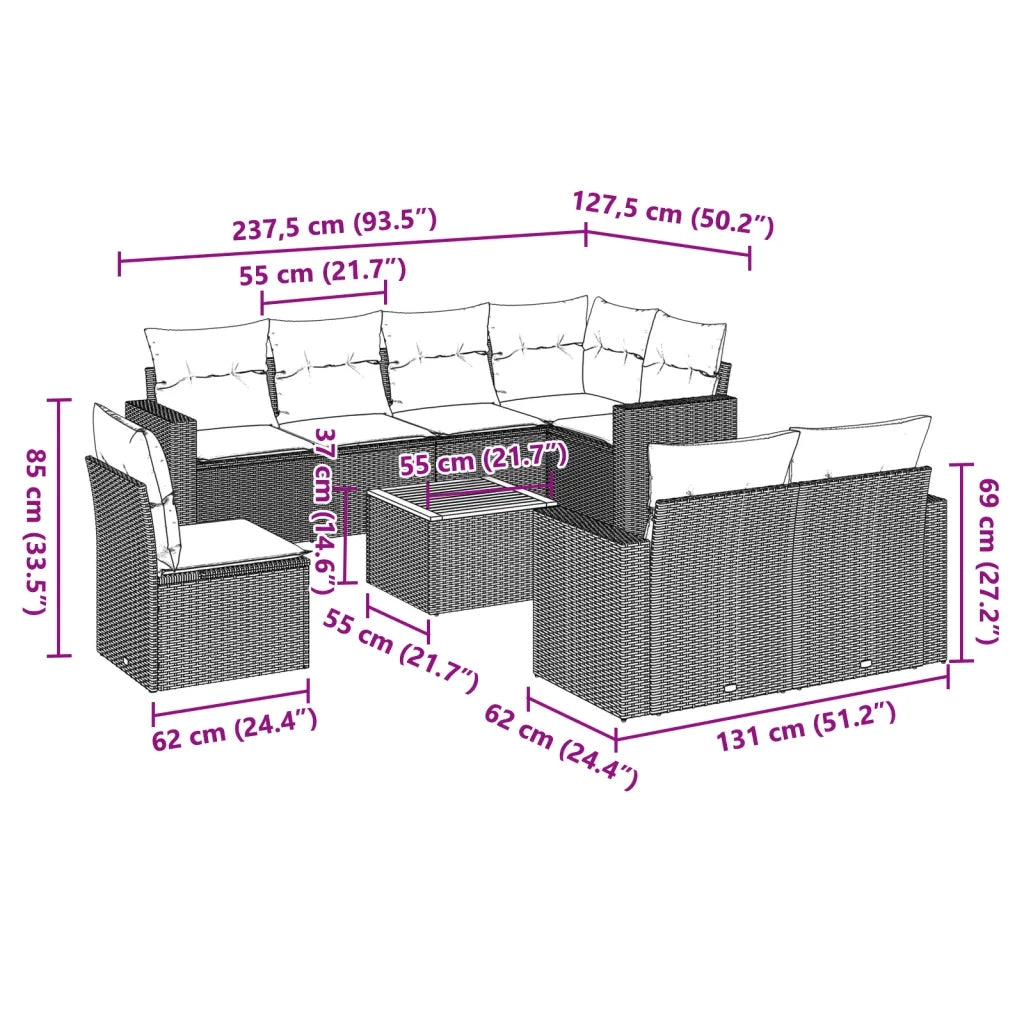 Set Divani da Giardino 9 pz con Cuscini Nero in Polyrattancod mxl 113549