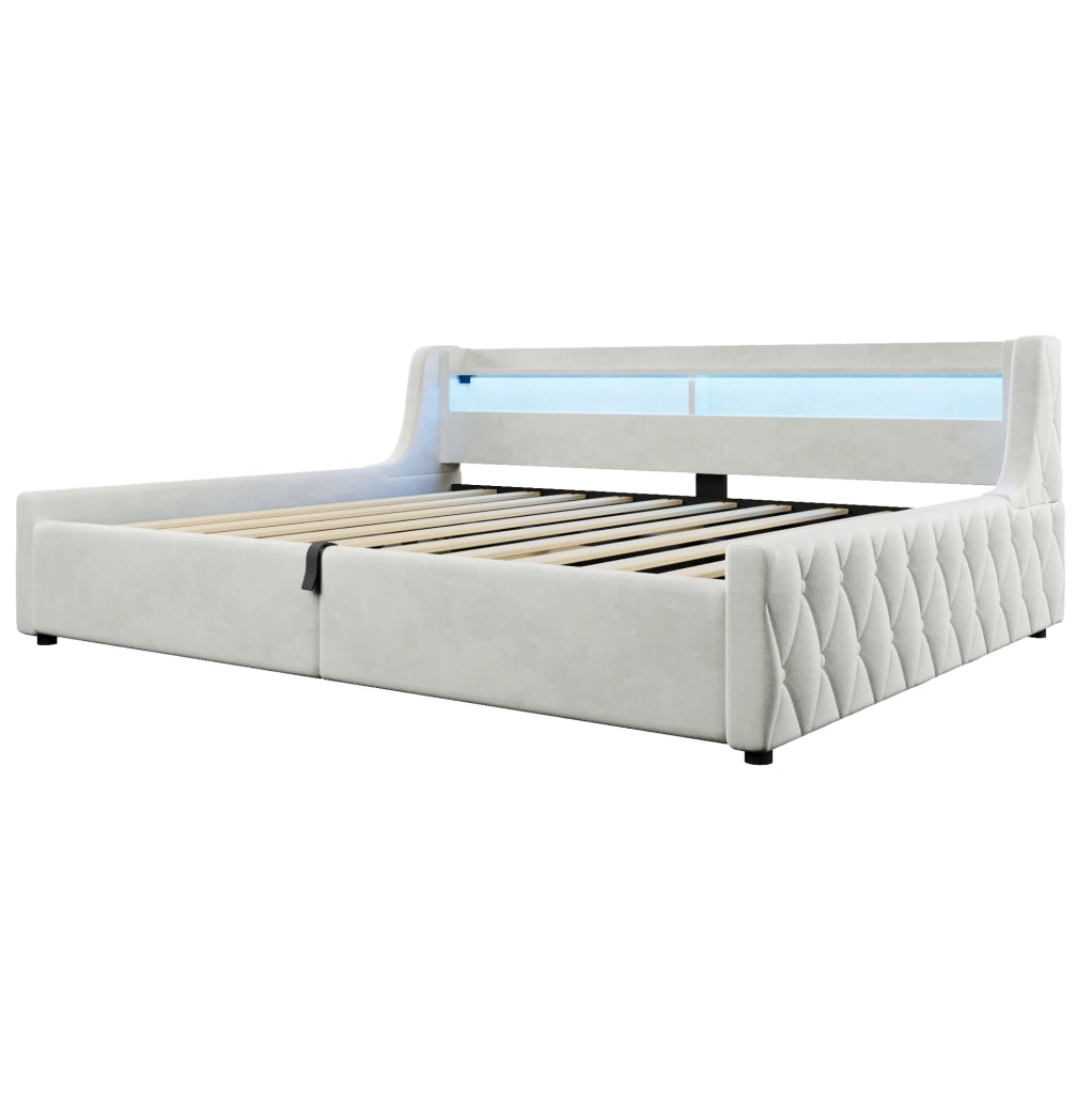 Letto imbottito 140x200 cm in flanella beige; con contenitore e testiera LED