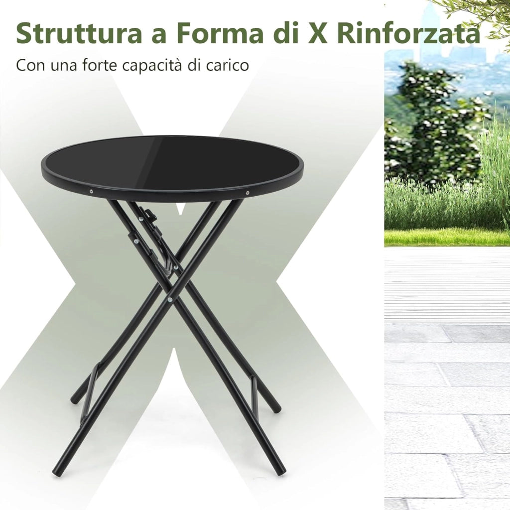 Tavolino Pieghevole da Esterno, Tavolo Rotondo 59 cm, con Ripiano in Vetro Temperato, Struttura Metallica, Portata 50 kg, per Terrazza, Balcone, Giardino, Piscina