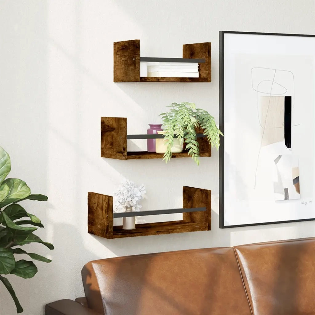 3 pz Set Mensole Parete | Mensola sospesa con Aste Rovere Fumo Legno Multistrato