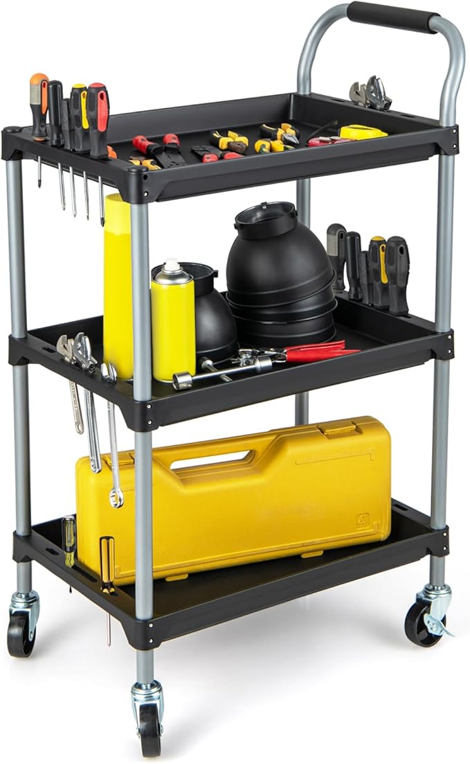 Carrello Utensili a 3 Strati, Carrello Porta Attrezzi con Manico Imbibito e Ruote Universali Bloccabili per Garage, Magazzino, Officina e Cucina, Portata 45 kg, 64 x 40 x 102 cm