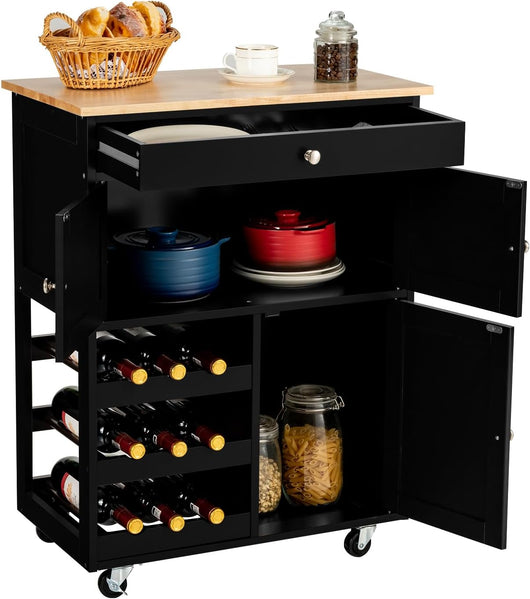 Carrello da Cucina, con Portabottiglie Tre Ante e Ruote, Credenza Cucina in Legno di Pino e MDF, Ideale per Soggiorno e Cucina, 67 x 37 x 86 cm, Nero