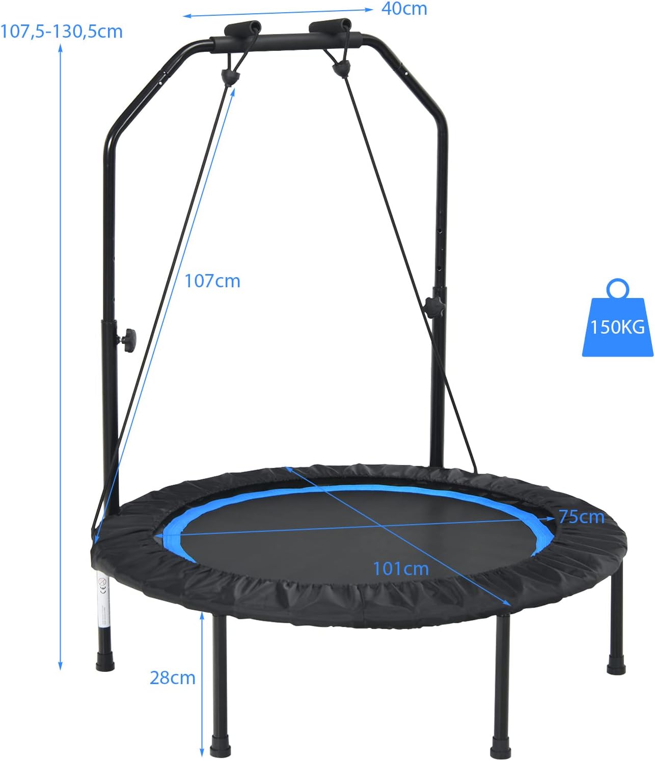 Mini Trampolino Pieghevole 101cm, Trampolino Fitness per Adulti e Bambini,con Maniglia Altezza Regolabile, Capacità di Carico 150 kg