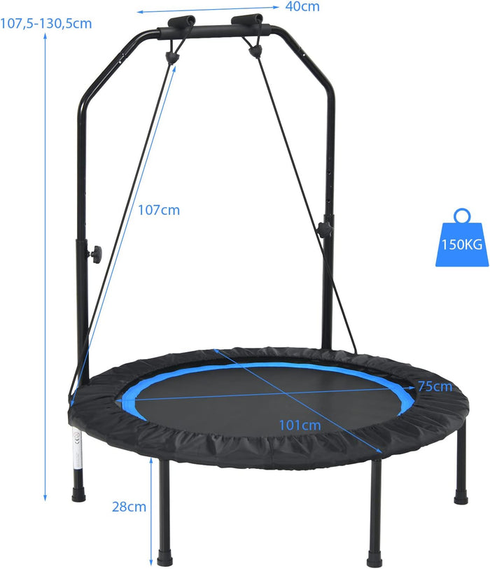 Mini Trampolino Pieghevole 101cm, Trampolino Fitness per Adulti e Bambini,con Maniglia Altezza Regolabile, Capacità di Carico 150 kg