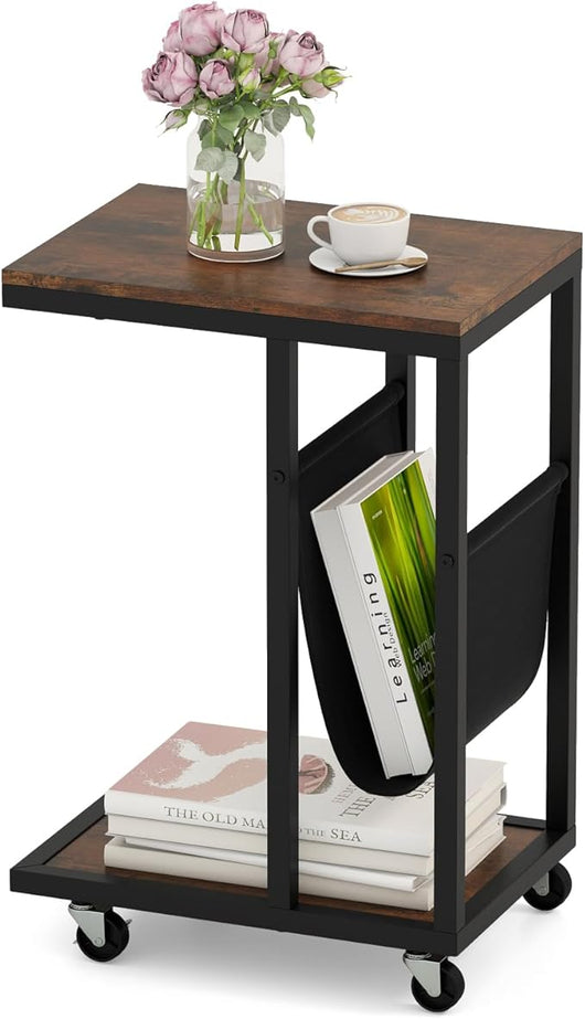 Tavolo per Computer, Tavolino Portatile a 3 Livelli con Tasca e Struttura in Metallo Resistente, Desk a Forma di C con Ruote per Camera da Letto, Balcone e Ufficio, 40 x 28 x 59 cm
