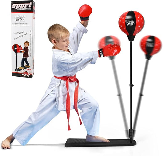 Punching Ball per Bambini e Adulti, Pungiball con Guanti e Pompa Manuale, Sacco da Boxe da Terra Altezza Regolabile 85-130cm