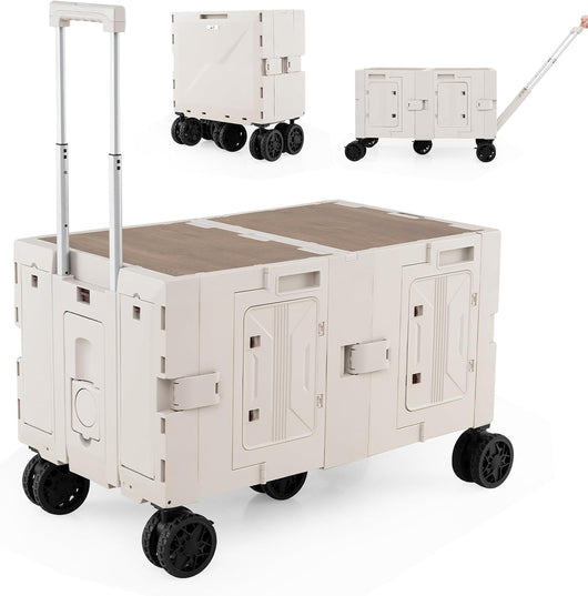 Carrello da Spiaggia Pieghevole 150 L, Carrello con Ruote Portatutto con Armadio a 2 Livelli e Manico Telescopico in Metallo, Carretto Giardino Portatile per Campeggio, Portata 120 kg (Bianco)