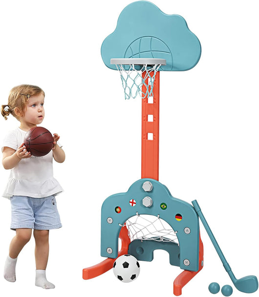 Basket per Bambini Centro Attività Multifunzione - Palla Canestro, Calcio e Golf, Mazza da Golf e Palle incluese, per Bambini, Altezza Regolabile (Nuvola Verde)