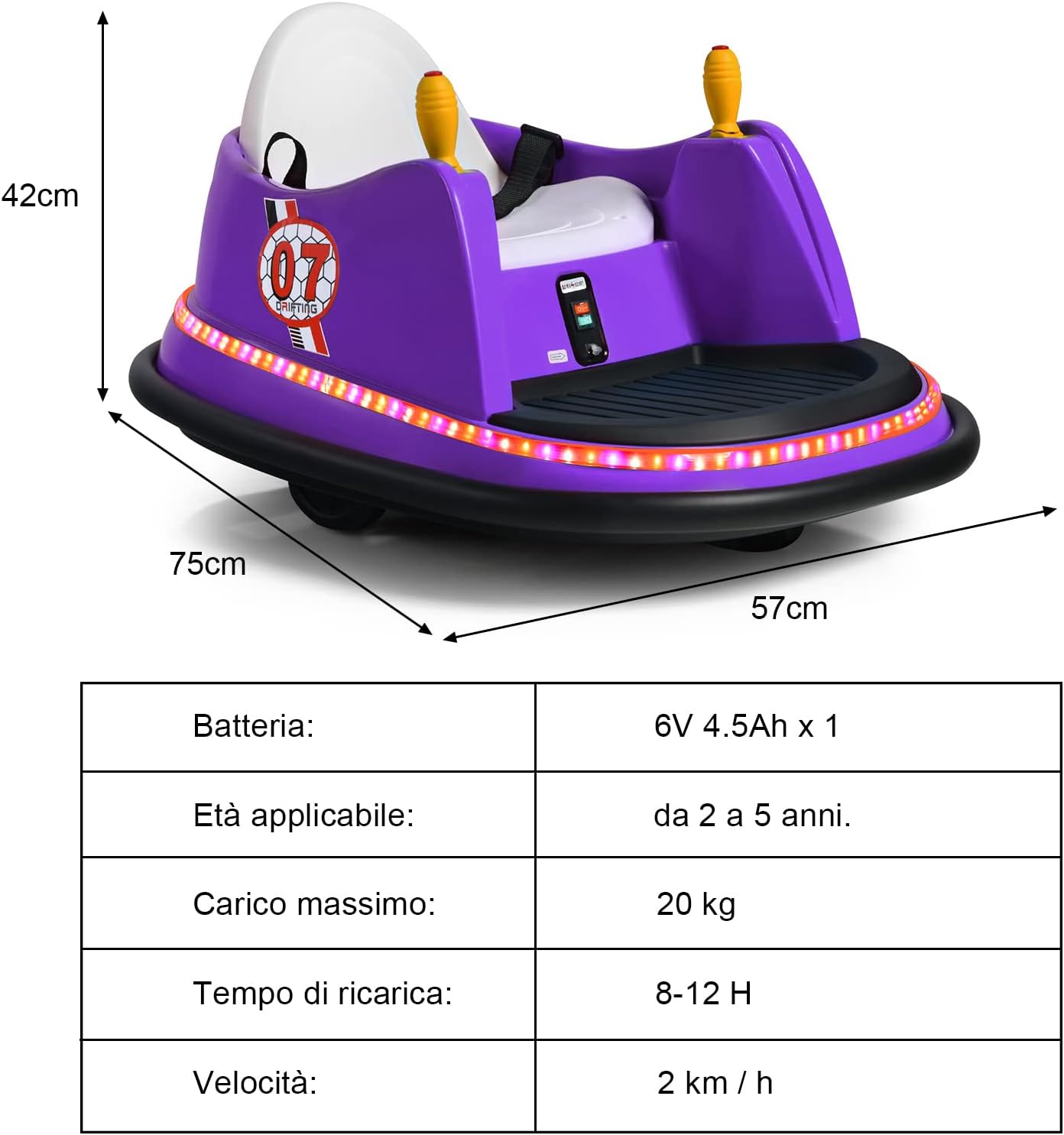 Veicolo Elettrico Macchina Elettrica Design Autoscontro per Bambini, Girevole a 360°, con Luci e Musica, con Telecomando, per Bambini 2-5 Anni (Viola)
