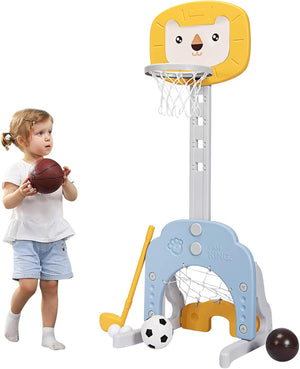 Basket per Bambini Centro attivita Multifunzione - Palla Canestro, Calcio e Golf, Mazza da Golf e Palle incluese, per Bambini, Altezza Regolabile (Leone Giallo)