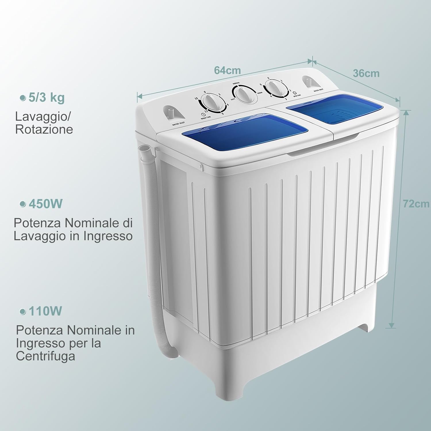 Lavatrice a Doppia Vasca, Lavatrice a Doppio Cestello con Lavaggio (5 kg) e Filatura (3 kg), Lavatrice Compatta Mini per Campeggio, Appartamenti, 64 x 36 x 72 cm, Bianco