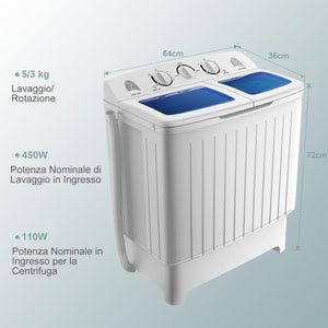 Lavatrice a Doppia Vasca, Lavatrice a Doppio Cestello con Lavaggio (5 kg) e Filatura (3 kg), Lavatrice Compatta Mini per Campeggio, Appartamenti, 64 x 36 x 72 cm, Bianco